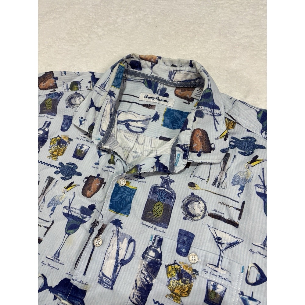 Tommy Bahama Shirt Mens Large AOP Seersucker Well Stocked Button Up Drink Print